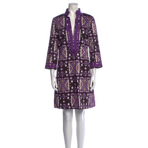 Tory Burch Ikat Knee Length Patterned Print Dress Purple, Brown, White, Size 10